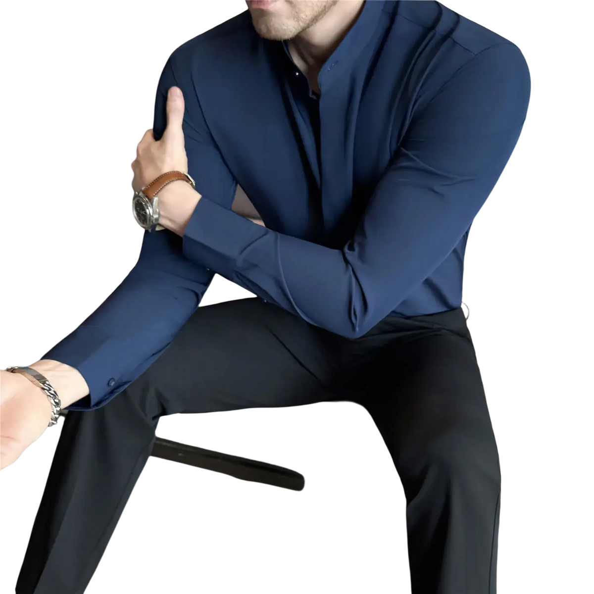 Navy blue slim fit men dress shirt with stand collar and buttoned cuffs designed for a formal correct size fit