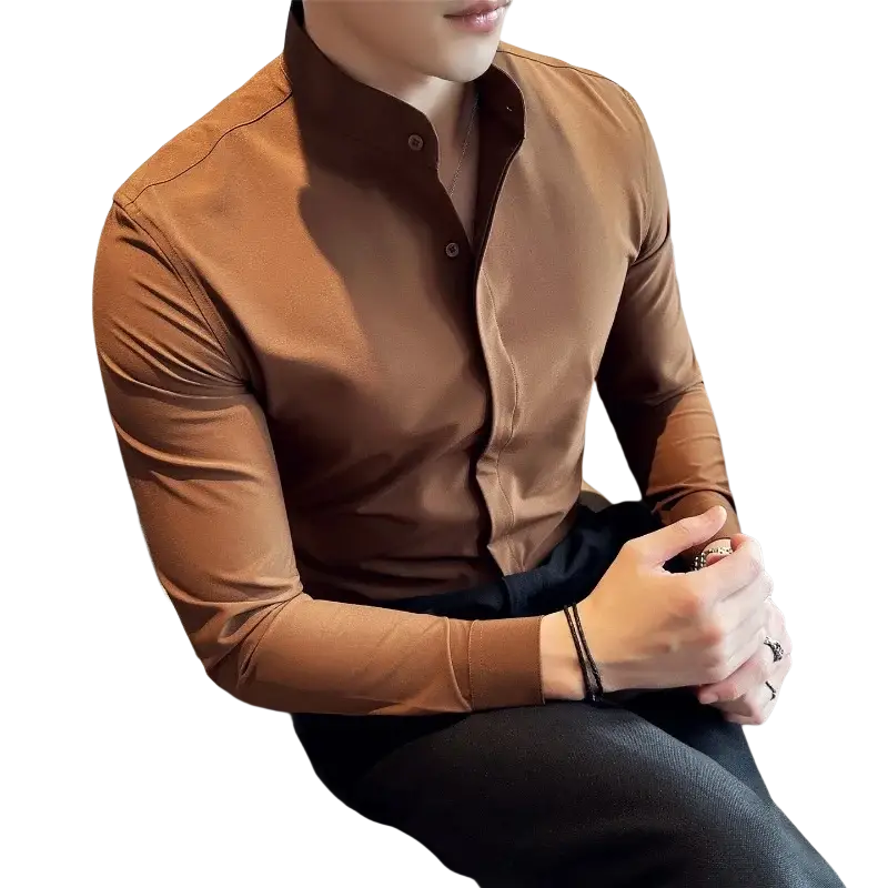 Men dress shirts slim fit brown long sleeve button up with stand collar and subtle stitching for correct size fit