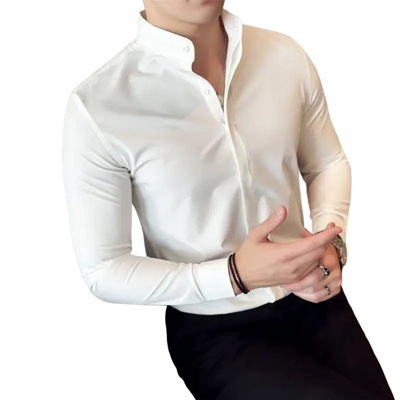 Men dress shirts slim fit white long-sleeved button-up with stand collar designed for a correct size formal look