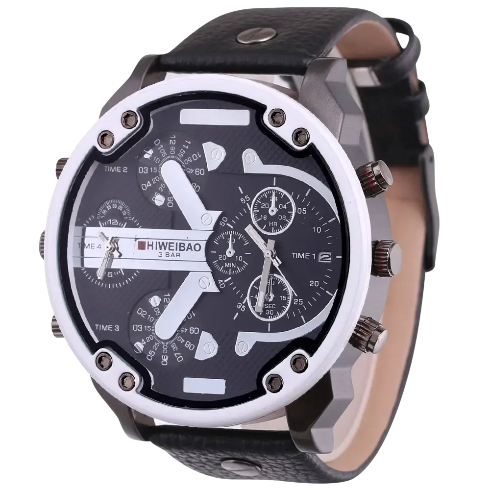 Men dual time leather quartz watch with black and silver multi-dial chronograph and textured leather strap