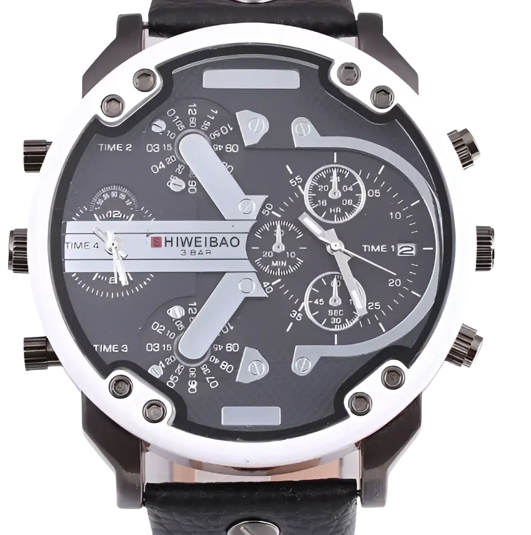 Men dual time leather quartz watch with a black and silver multi-dial chronograph and black leather strap