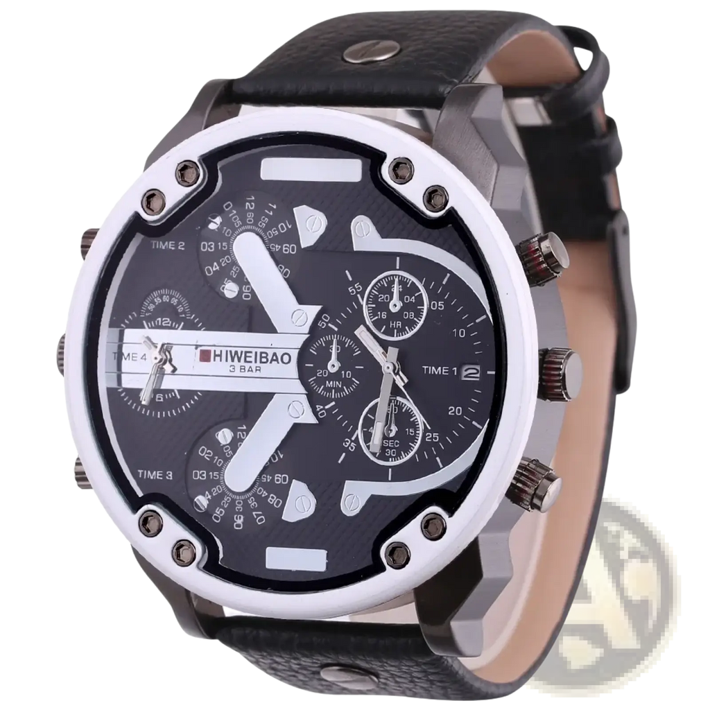 Men dual time leather quartz watch with black and silver multi-dial chronograph and textured leather strap
