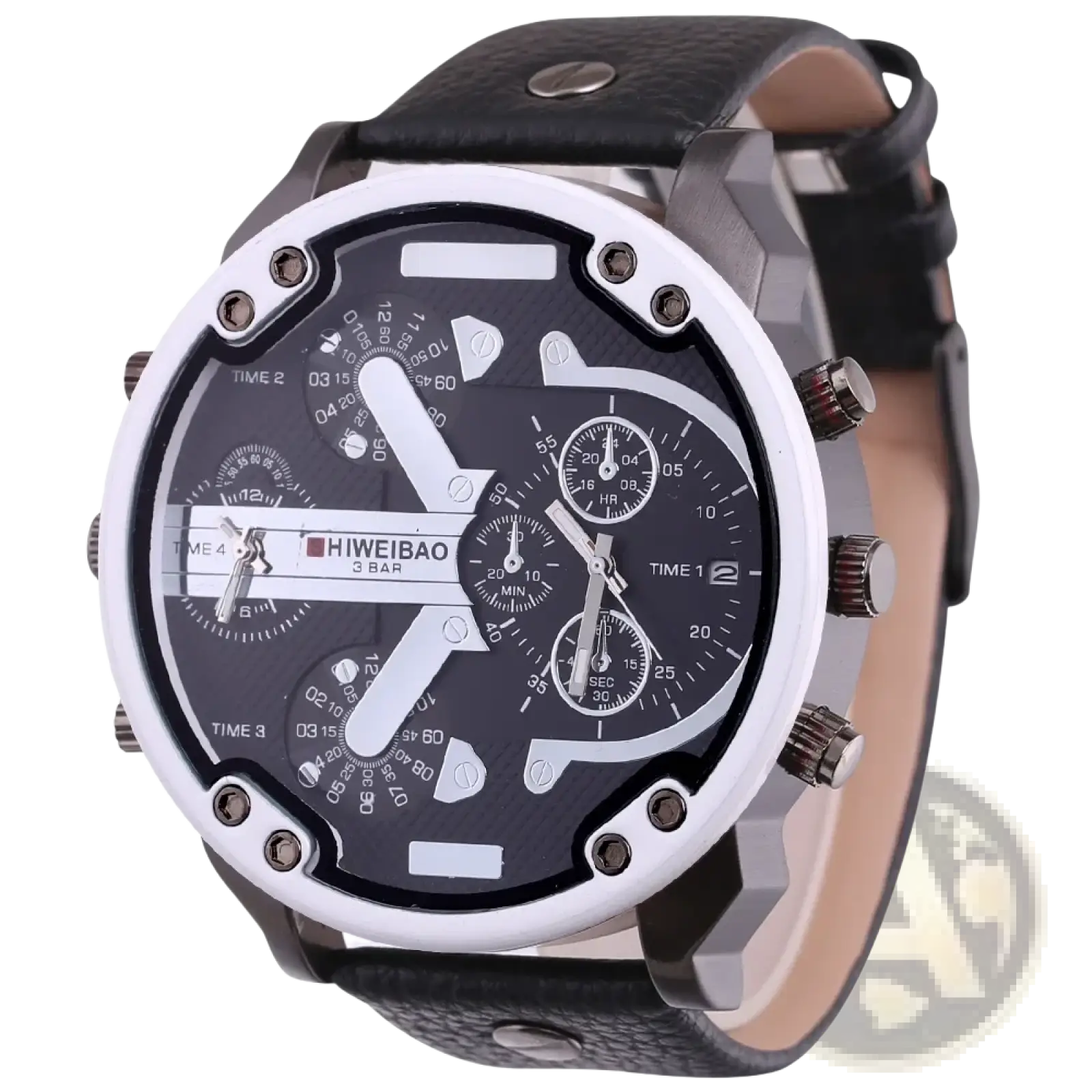 Men dual time leather quartz watch with black and silver multi-dial chronograph and textured leather strap