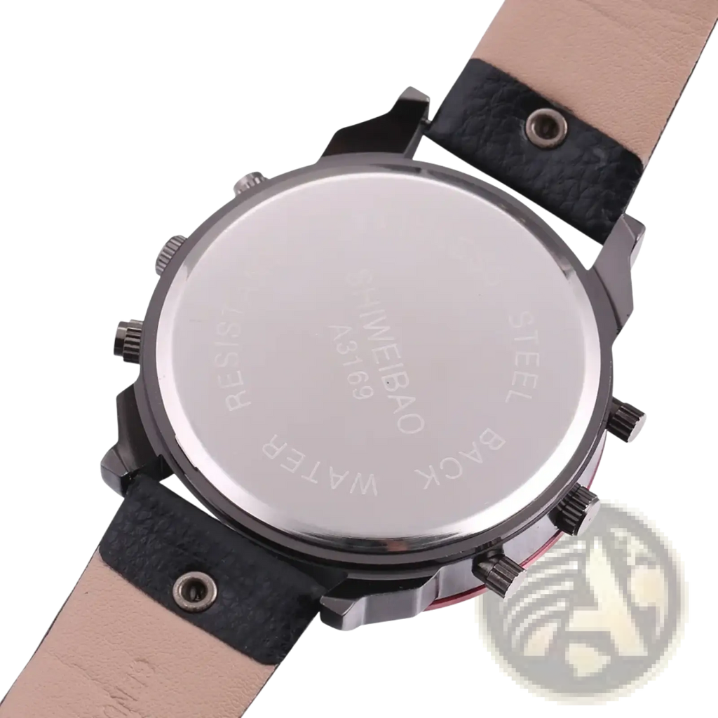 Men dual time leather quartz watch with black steel chronograph and two-tone black and tan leather strap