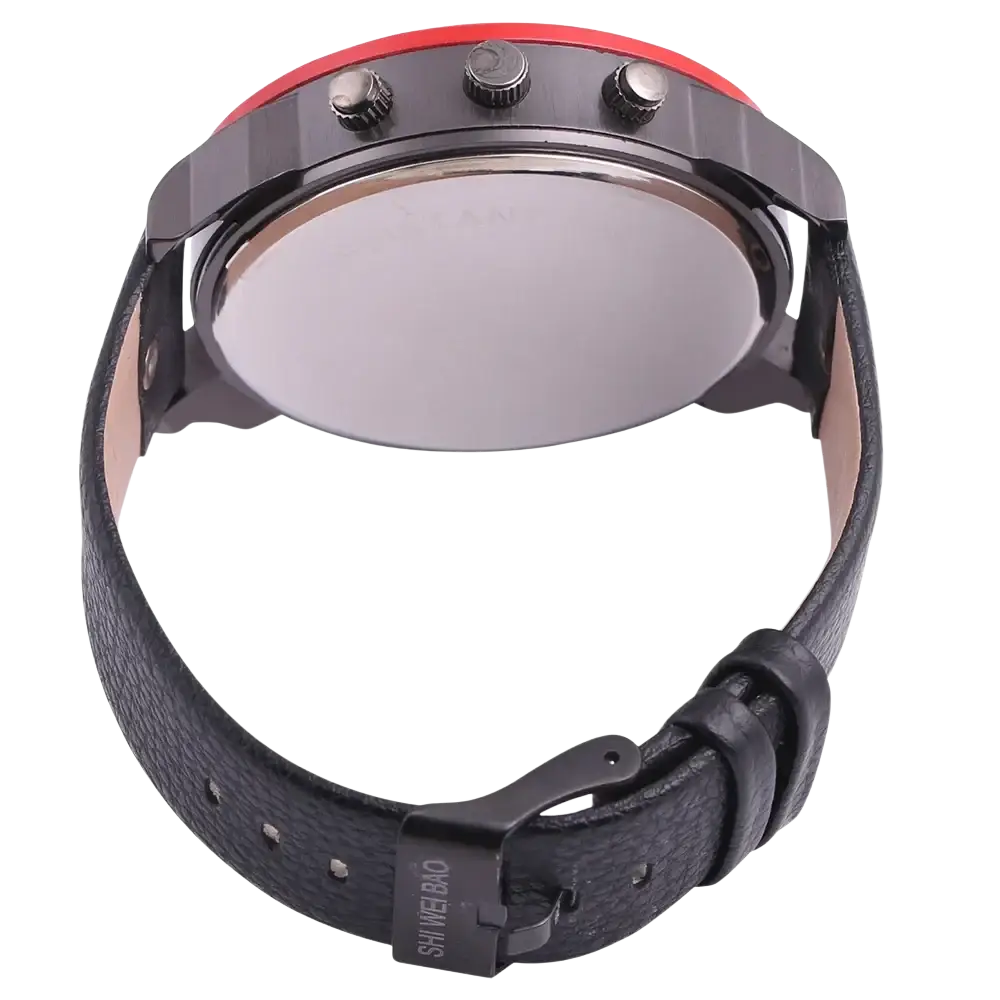 Men dual time leather quartz watch with black leather strap red and black watch face and three silver pushers