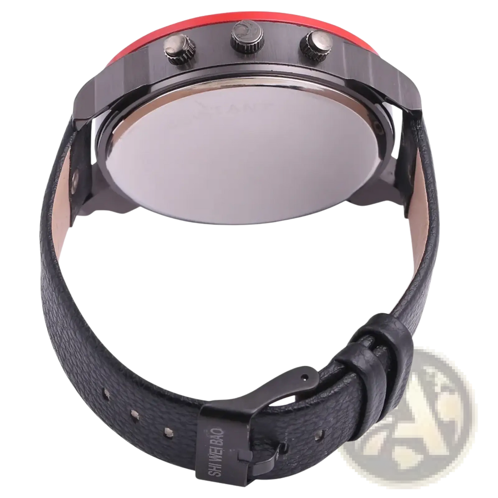 Men dual time leather quartz watch with black leather strap red and black watch face and three silver pushers