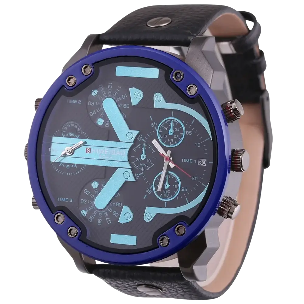 Men dual time leather quartz watch with blue and black chronograph dial and textured leather strap