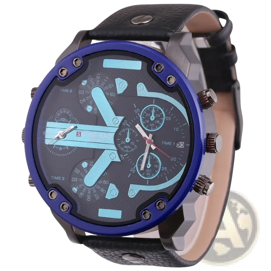 Men dual time leather quartz watch with blue and black chronograph dial and textured leather strap