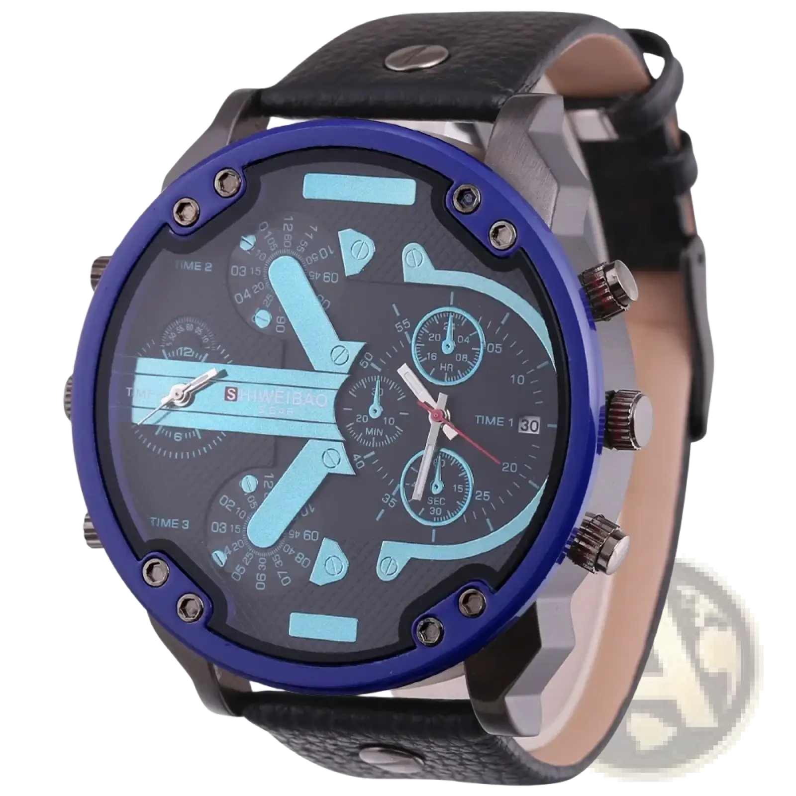 Men dual time leather quartz watch with blue and black chronograph dial and textured leather strap