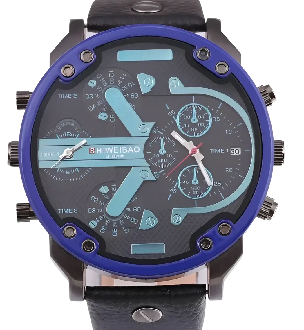 Men dual time leather quartz watch with blue and black multi-dial chronograph and leather strap