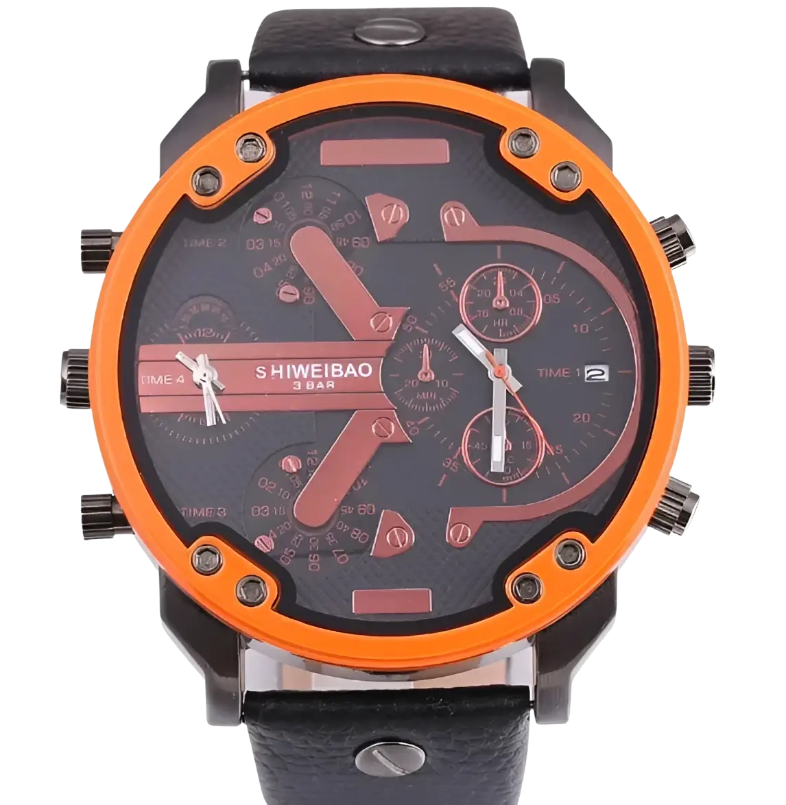 Men dual time leather quartz watch with orange and black chronograph dial and brown leather strap