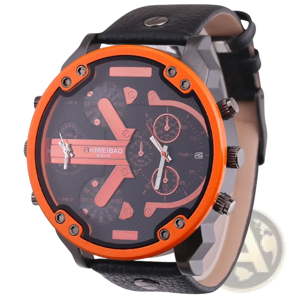 Men dual time leather quartz multifunctional chronograph watch with orange and black dial and textured leather strap
