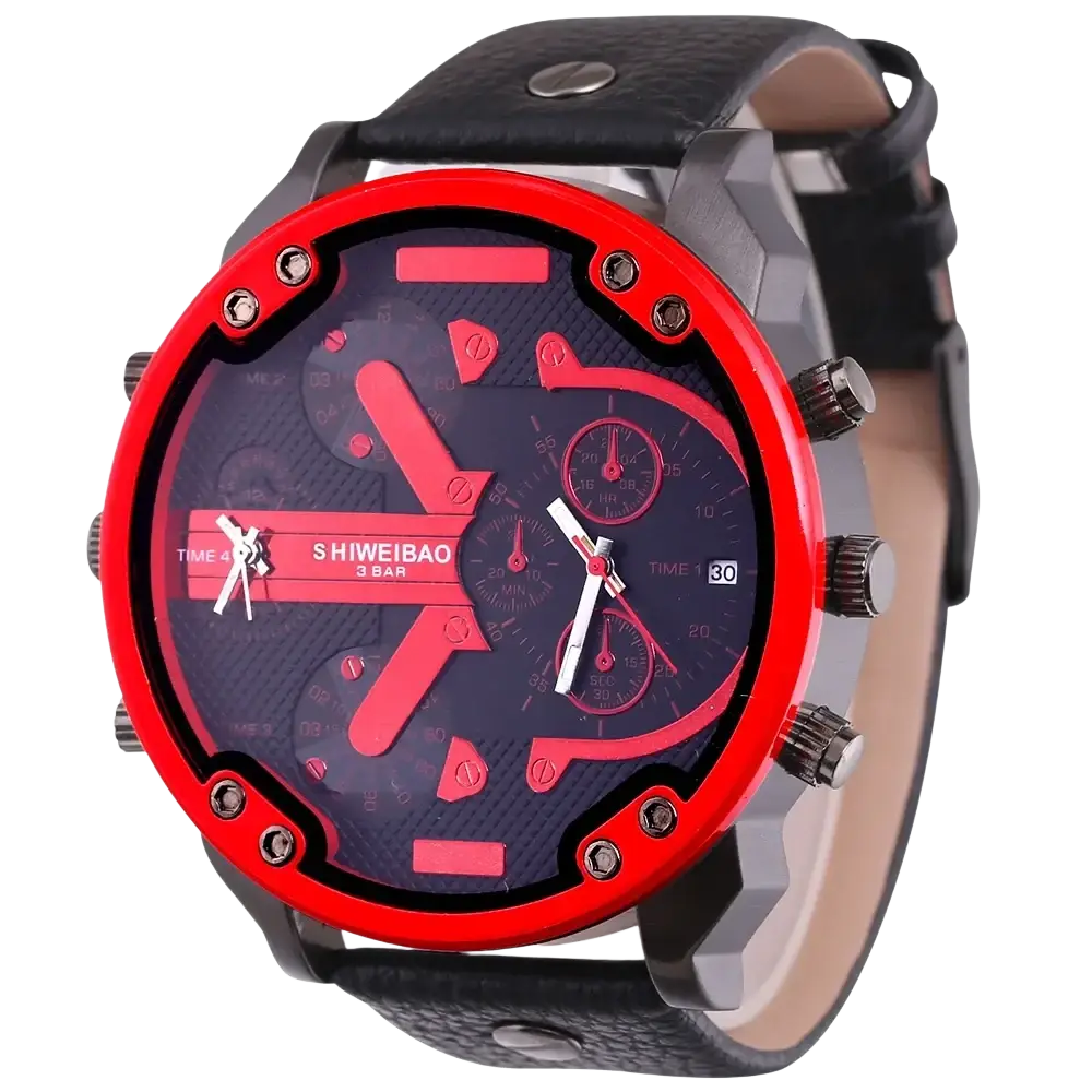 Men dual time leather quartz watch with red and black chronograph and textured leather strap