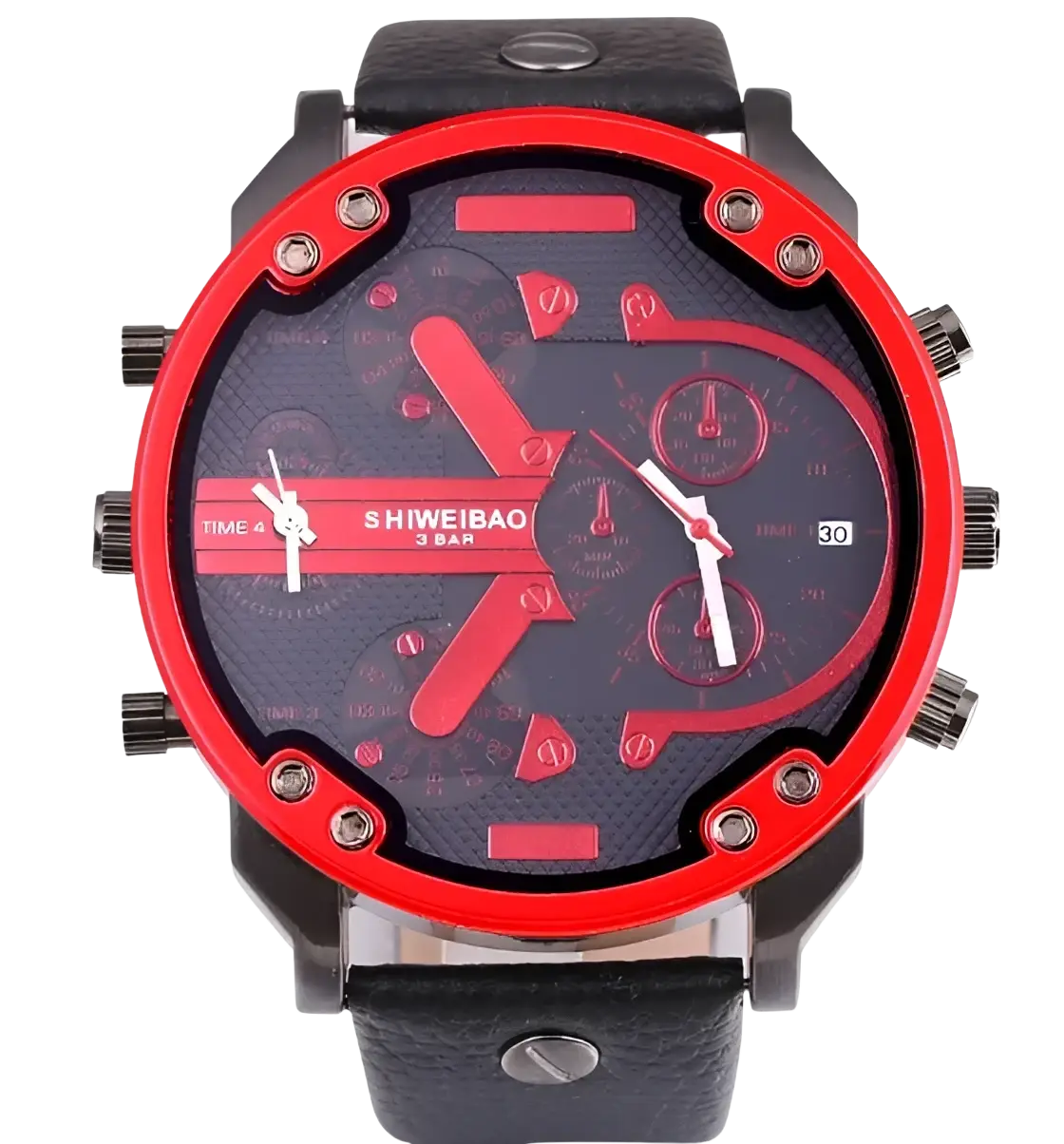 Men dual time leather quartz watch with red and black chronograph dial bold red hands and multiple subdials