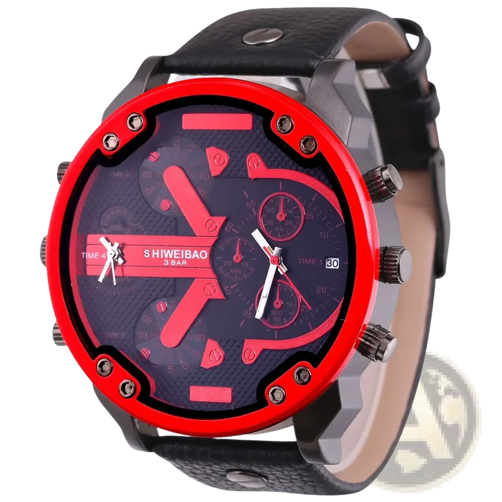 Men dual time leather quartz watch with red and black chronograph and textured leather strap