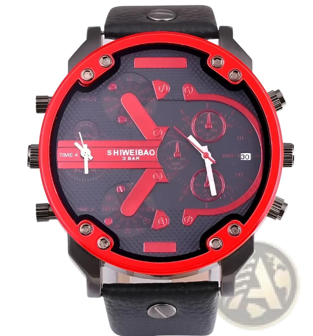 Men dual time leather quartz watch with red and black chronograph dial bold red hands and multiple subdials