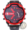 Men dual time leather quartz watch with red and black chronograph dial bold red hands and multiple subdials