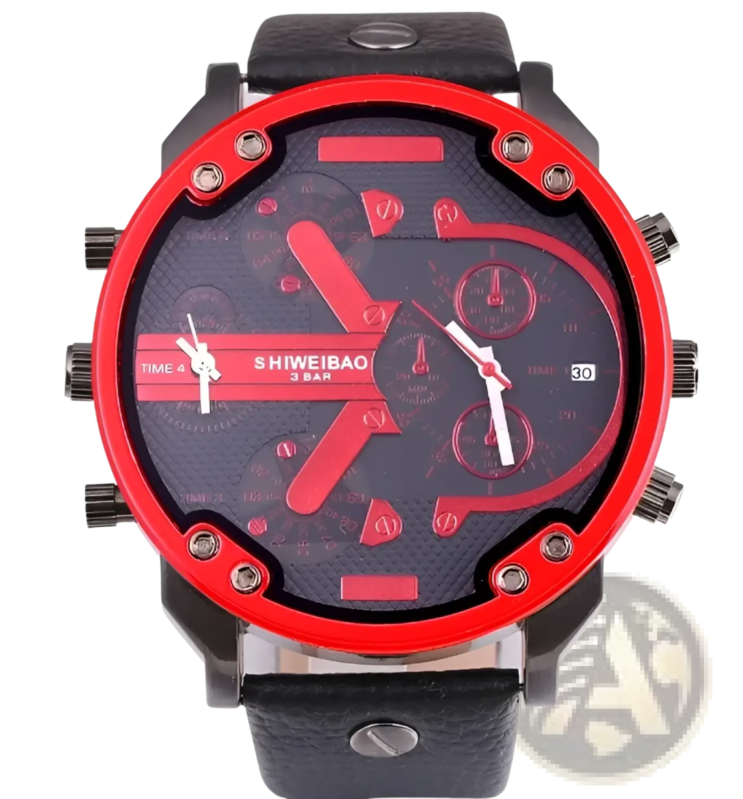Men dual time leather quartz watch with red and black chronograph dial bold red hands and multiple subdials