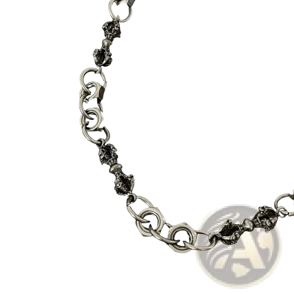 Dark silver-toned heavy metal men eagle punk trouser chain necklace with intricate skull charms and interlocking links