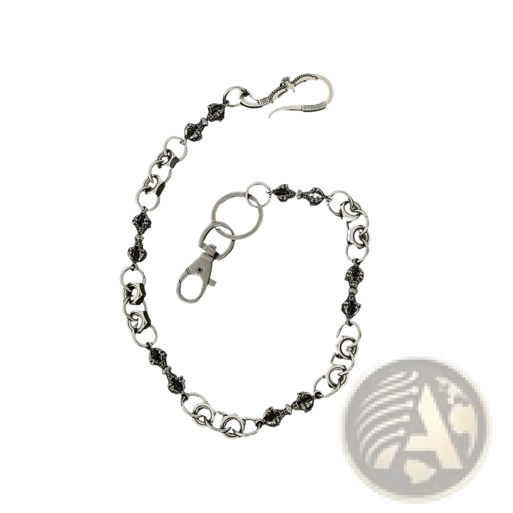 Silver-toned men eagle punk trouser chain with black skull charms and spring-loaded hook clasp wallet accessory