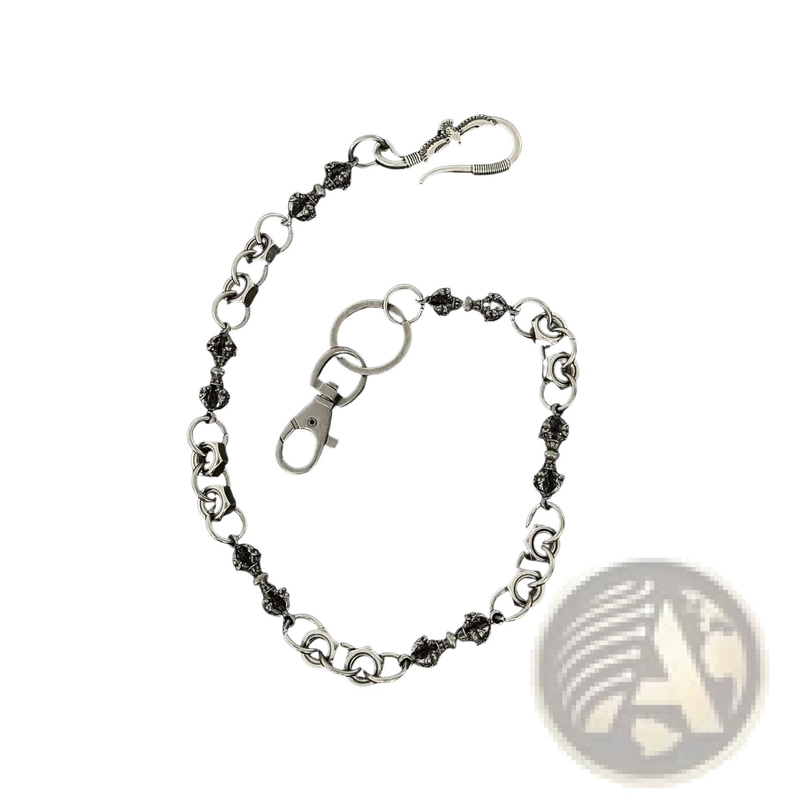 Silver-toned men eagle punk trouser chain with black skull charms and spring-loaded hook clasp wallet accessory