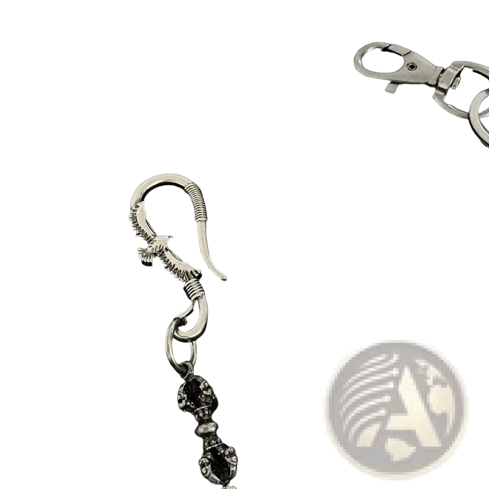 Silver eagle-shaped hook charm with black gemstone accents attached to a men eagle punk trouser chain wallet accessory