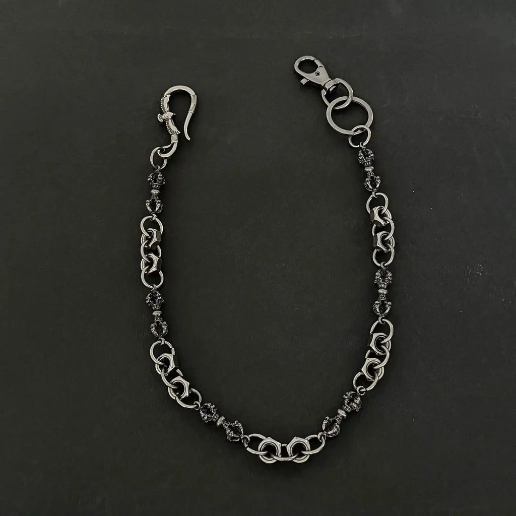Men eagle punk trouser chain silver-toned with ornate skull beads and sturdy clasp for wallets and belt attachment
