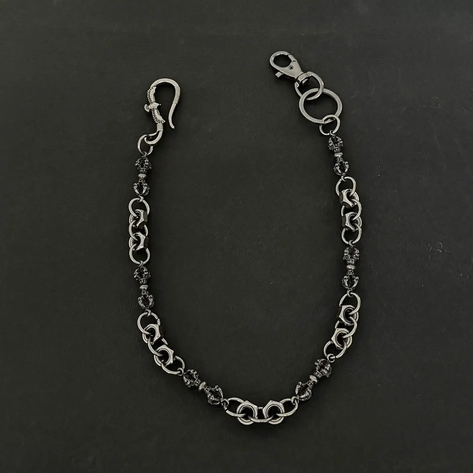Men eagle punk trouser chain silver-toned with ornate skull beads and sturdy clasp for wallets and belt attachment