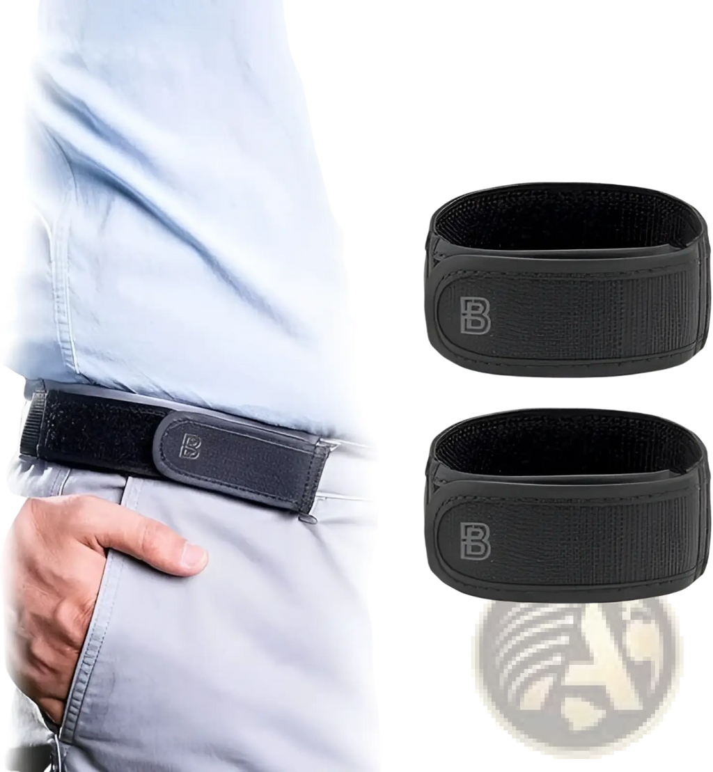 Men elastic no buckle belt with black elastic loops and subtle b logo for secure adjustable waist support