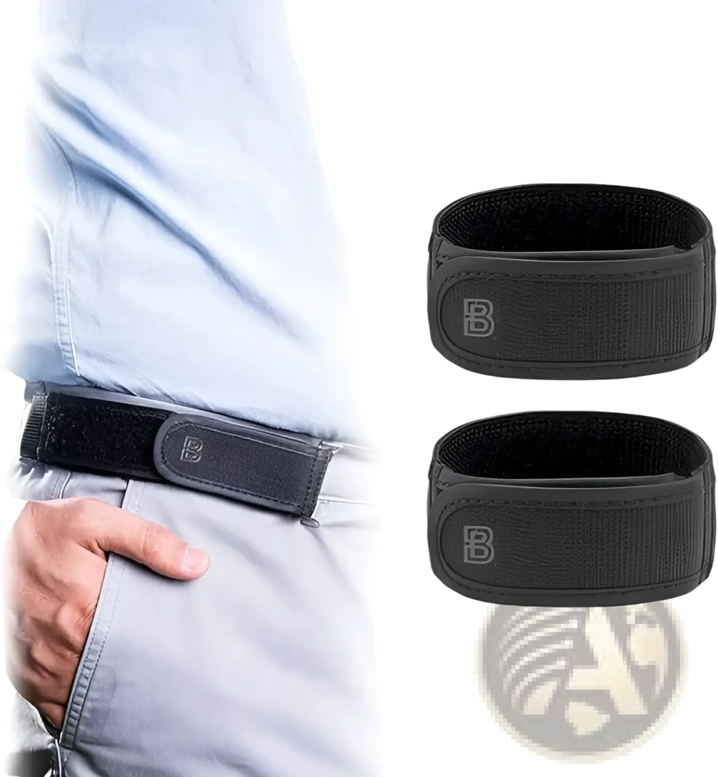 Men elastic no buckle belt with black elastic loops and subtle b logo for secure adjustable waist support