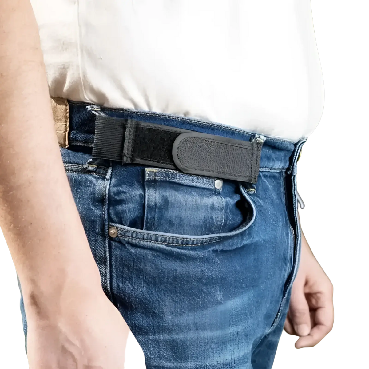Men elastic no buckle belt with black textured surface and adjustable velcro closure for comfortable waist support