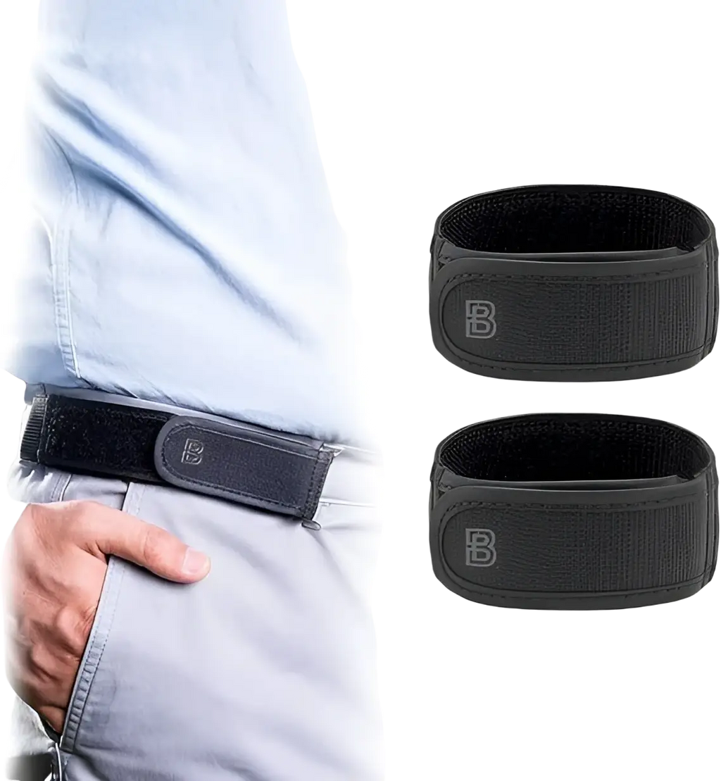 Men elastic no buckle belt with black elastic loops and subtle b logo for secure adjustable waist support