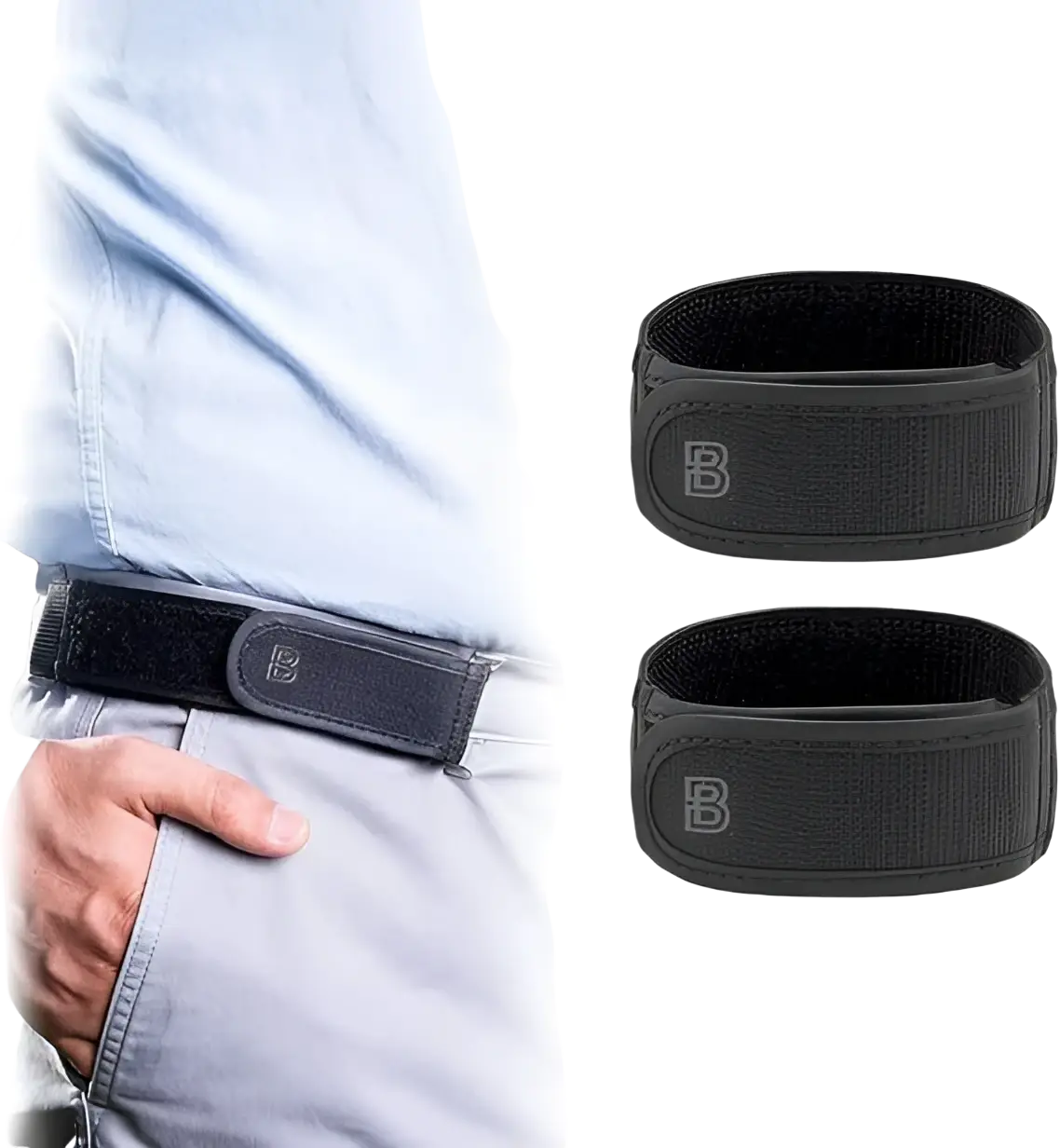 Men elastic no buckle belt with black elastic loops and subtle b logo for secure adjustable waist support