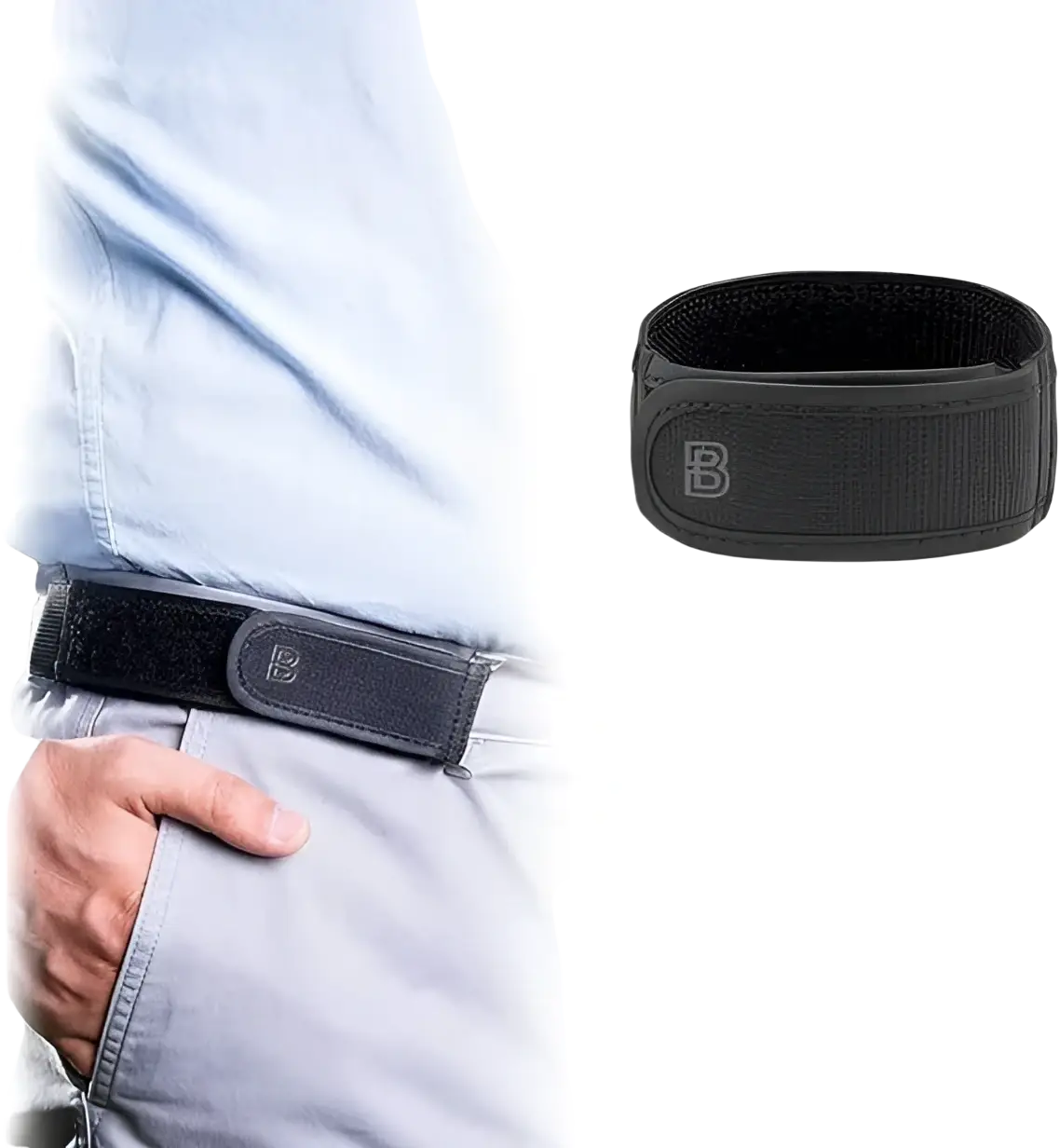Black adjustable men elastic no buckle belt loop with velcro closure and subtle b logo on the side