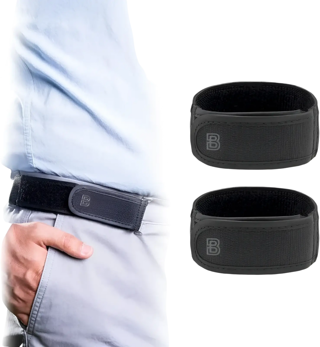 Black elastic no buckle belt with adjustable waistband and subtle gray b logo on front belt loops