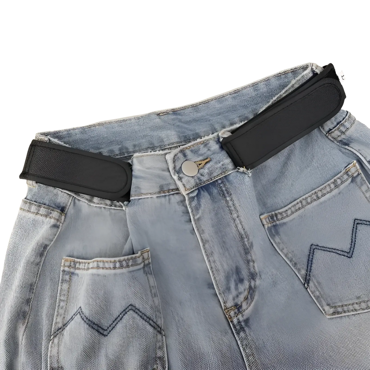 Black elastic men no buckle belt with smooth matte finish worn around the waist of light-wash denim jeans