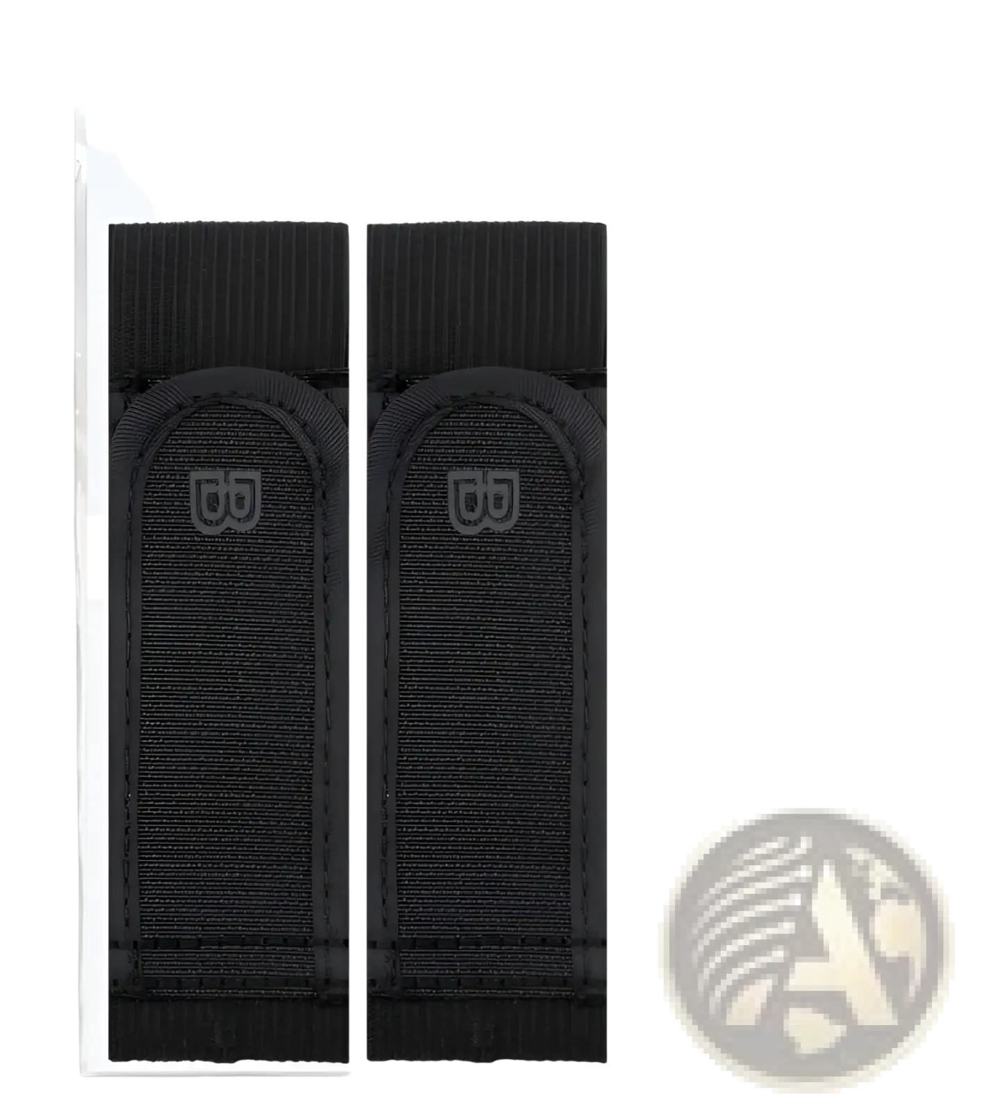 Black elastic no buckle belts with subtle logo made of fabric straps packaged in clear plastic for adjustable waistbands