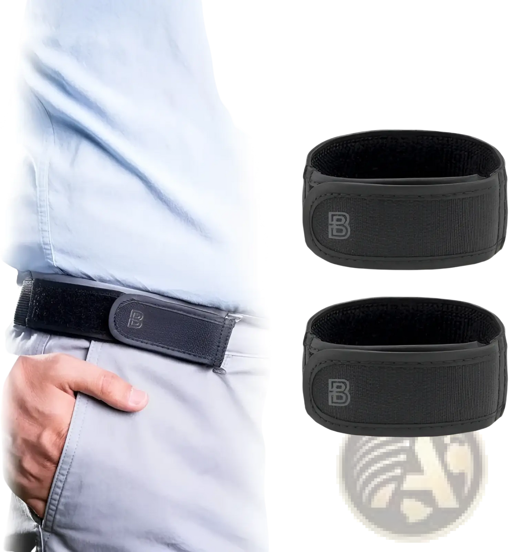 Black elastic no buckle belt with adjustable waistband and subtle gray b logo on front belt loops