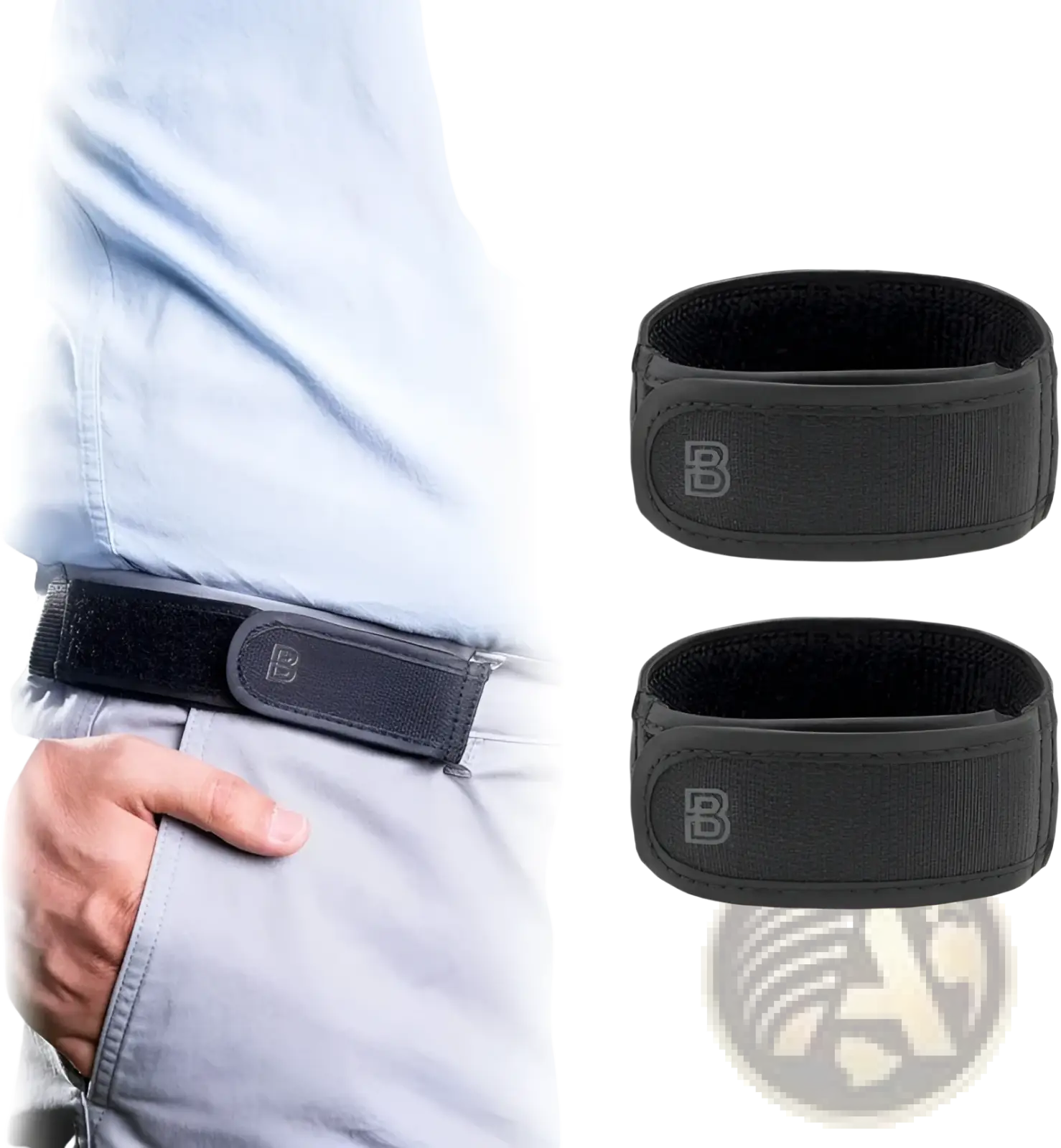 Black elastic no buckle belt with adjustable waistband and subtle gray b logo on front belt loops