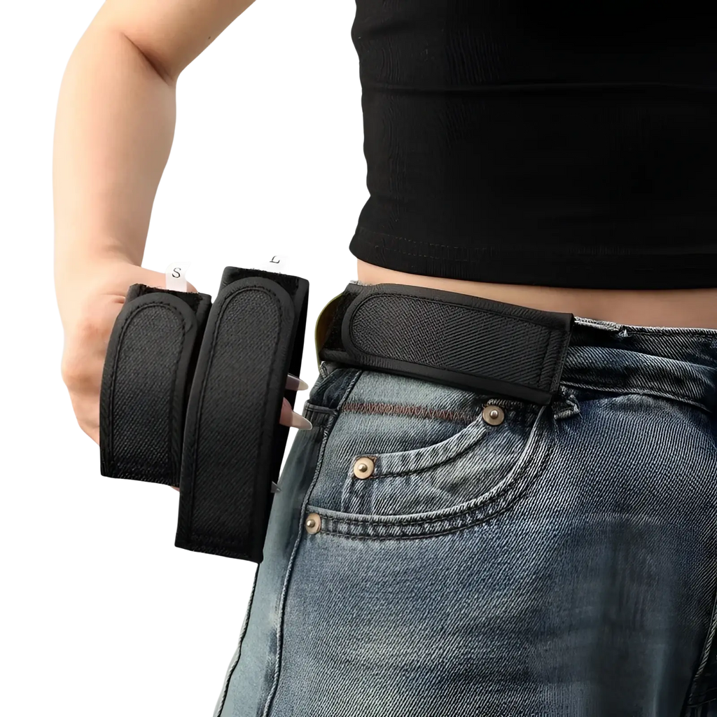 Black mesh men elastic no buckle belt with adjustable strap and two attached pouches for versatile waist use