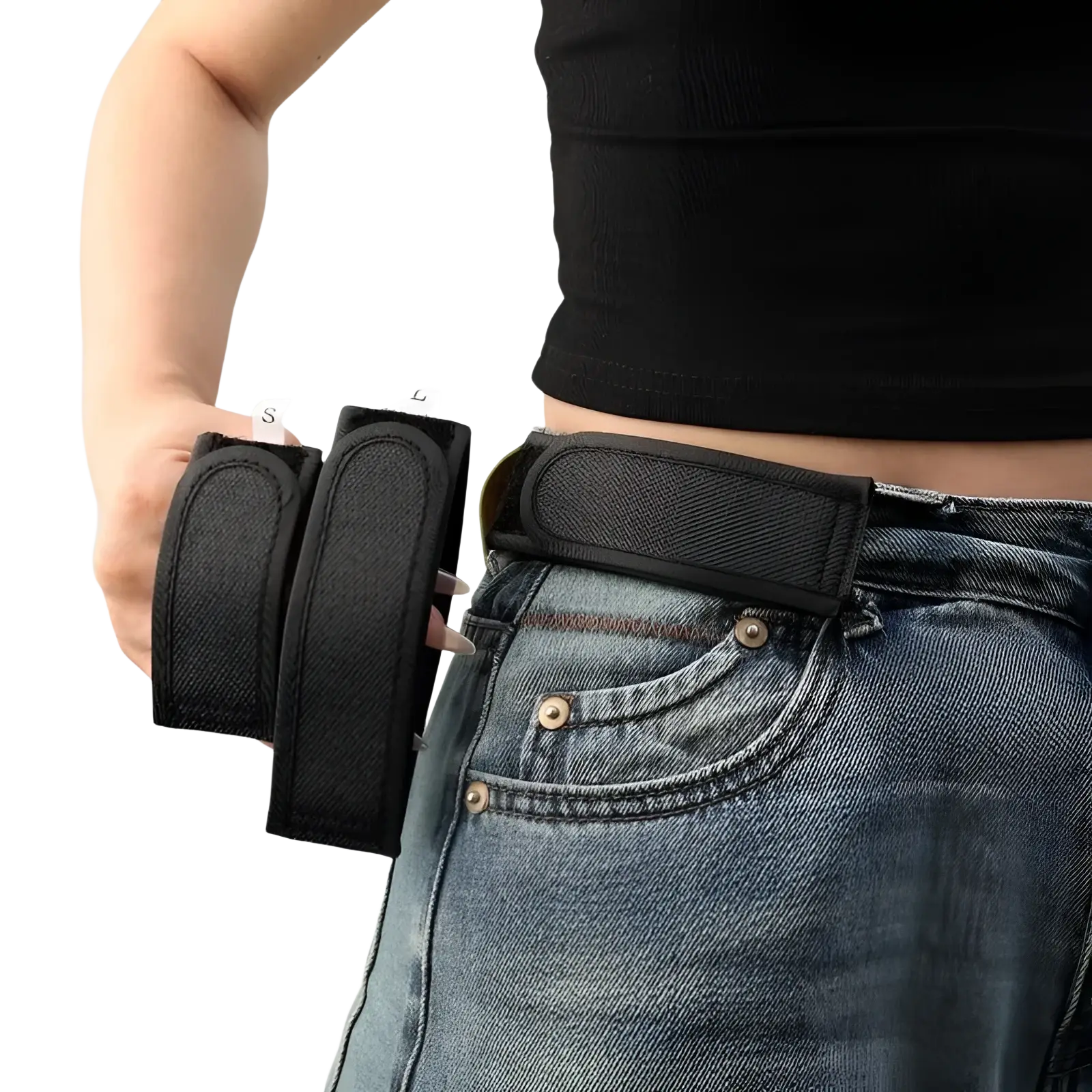 Black mesh men elastic no buckle belt with adjustable strap and two attached pouches for versatile waist use