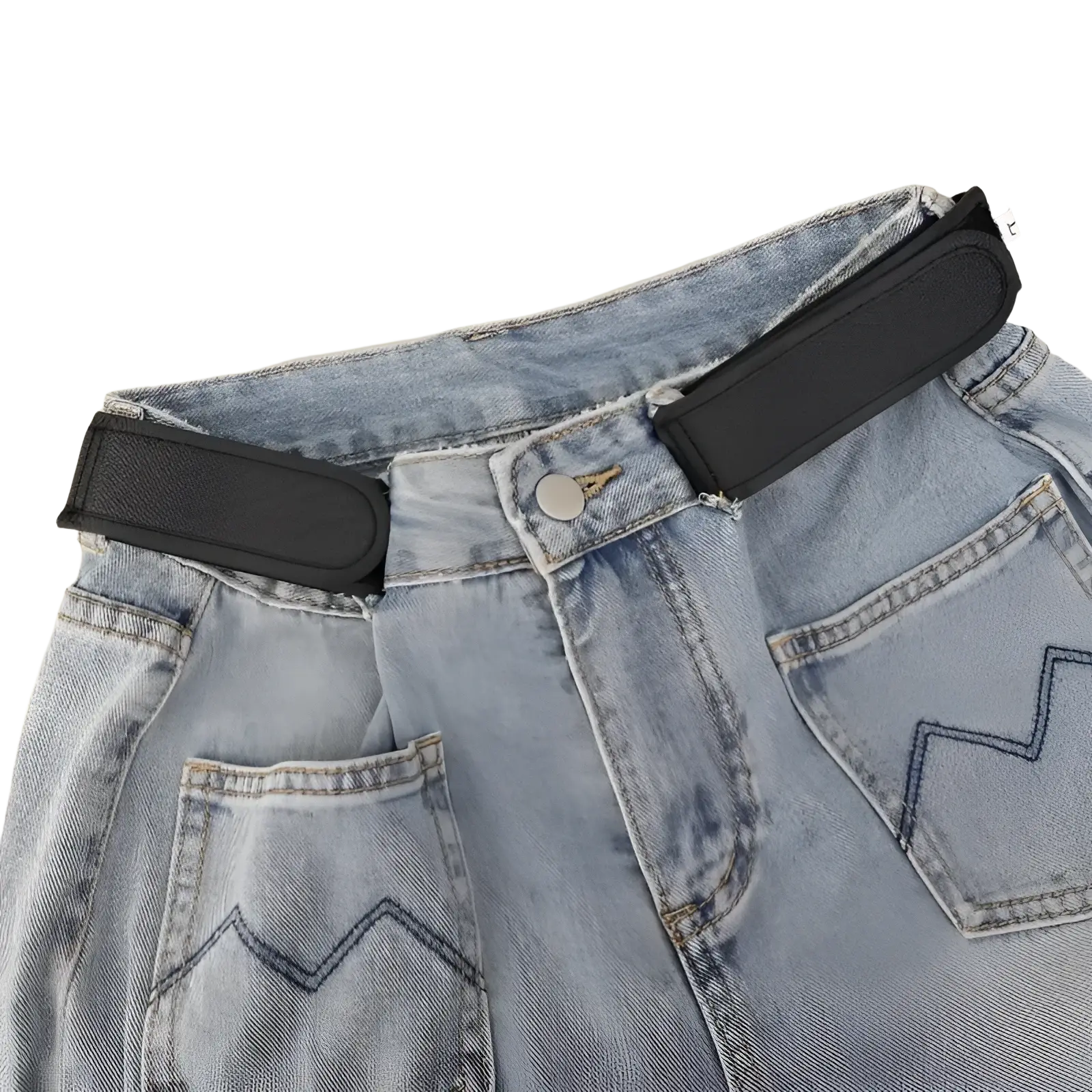 Black elastic men no buckle belt with smooth matte finish worn around the waist of light-wash denim jeans