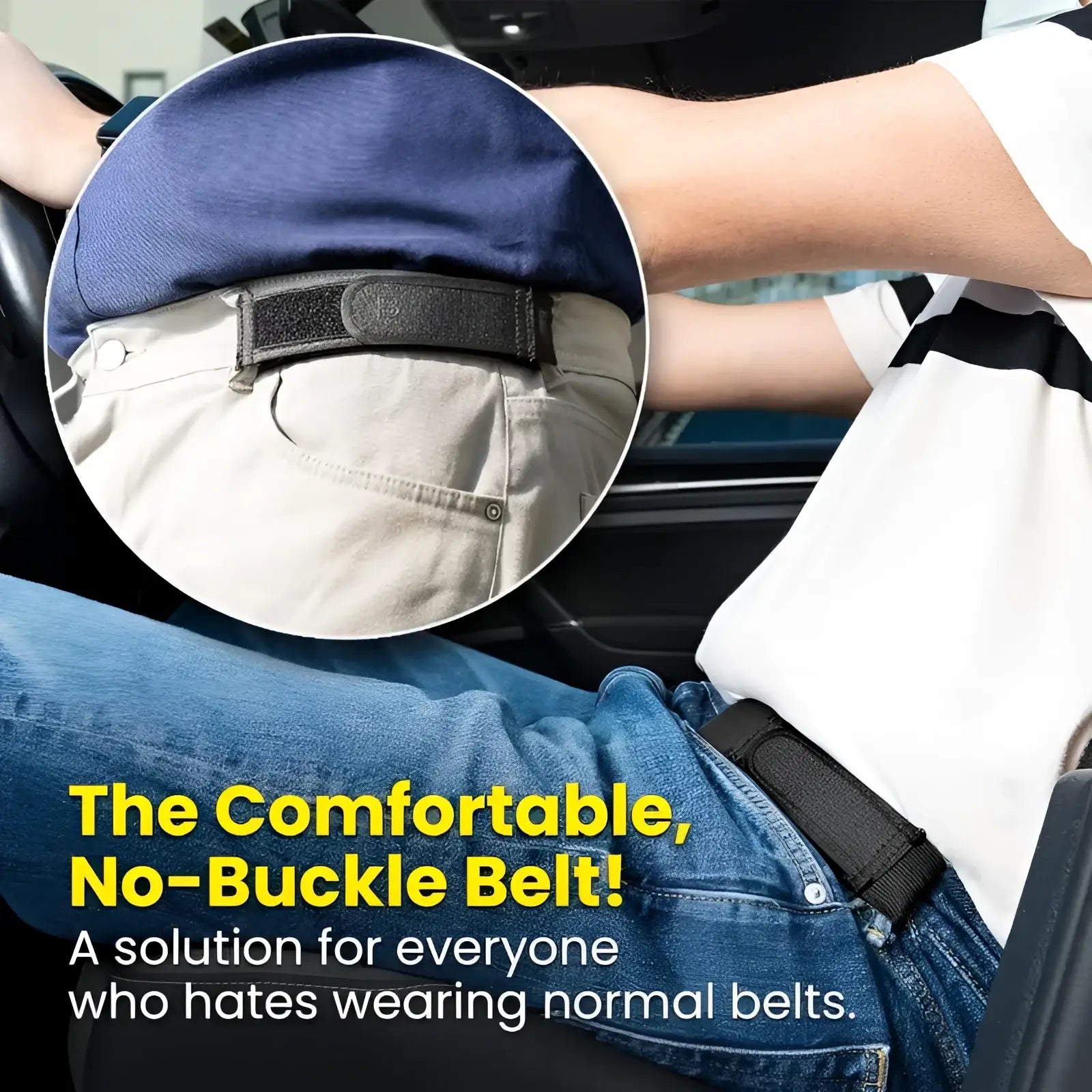 Men elastic no buckle belt in black with adjustable waist band and buckle free design for comfortable fit
