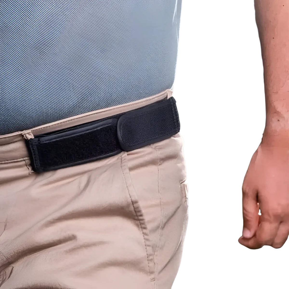 Black elastic men’s belt with adjustable waist band and smooth rectangular velcro buckle for secure fit