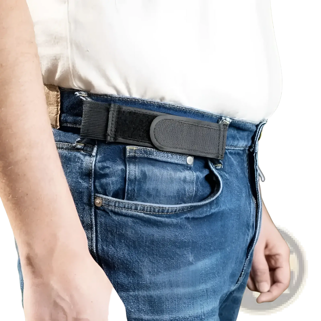 Men elastic no buckle belt with black textured surface and adjustable velcro closure for comfortable waist support