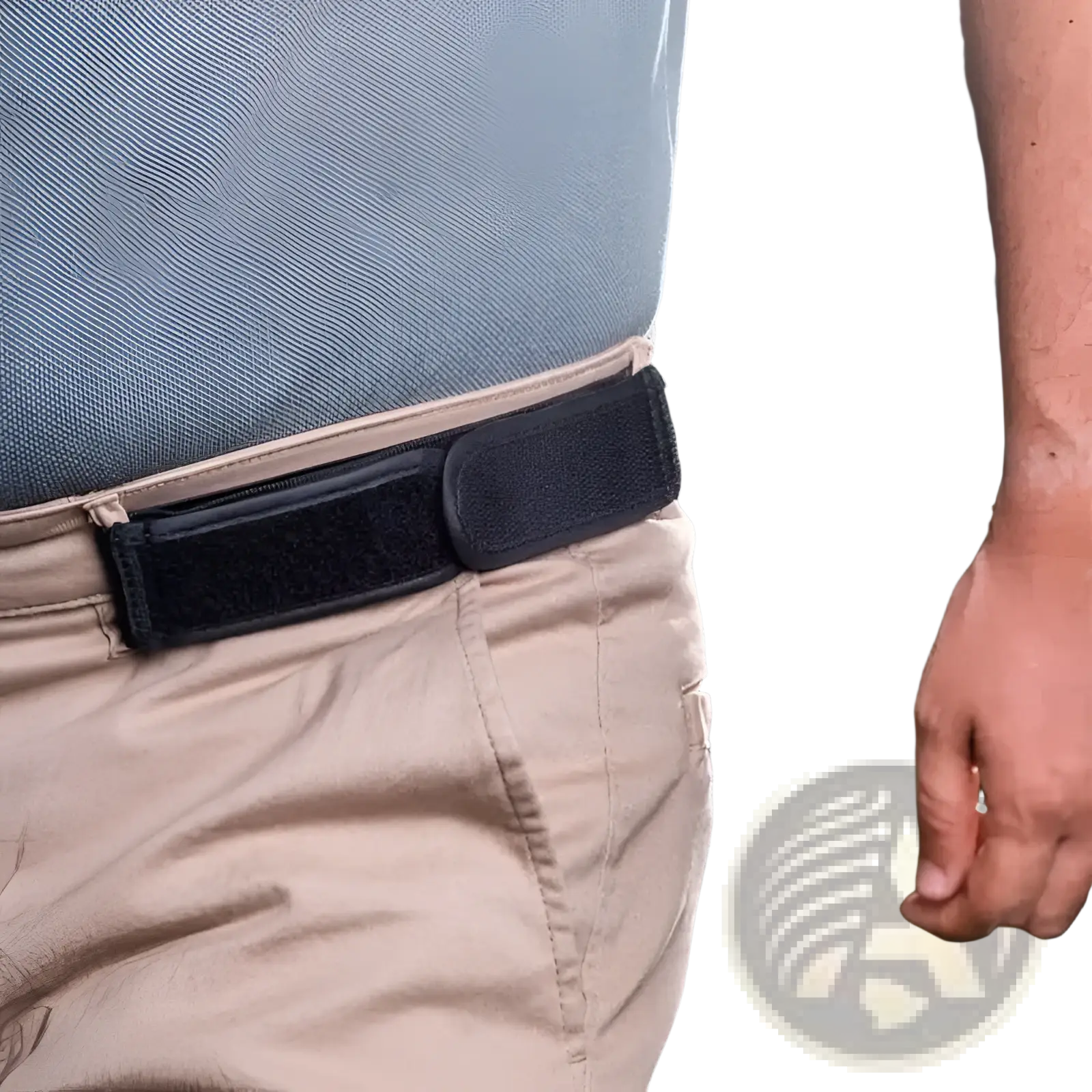 Black elastic men’s belt with adjustable waist band and smooth rectangular velcro buckle for secure fit