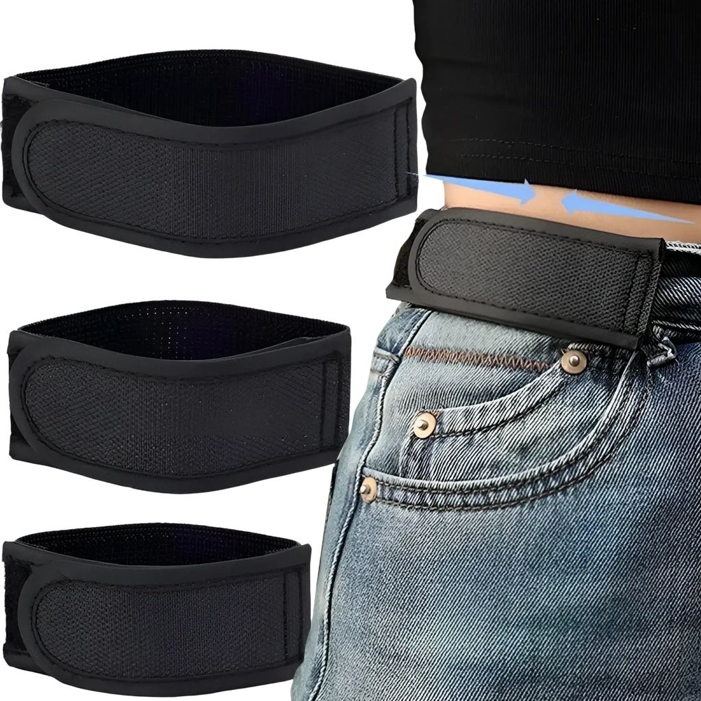 Men elastic no buckle belt in black with adjustable length, hook and loop closure, and reinforced stitching