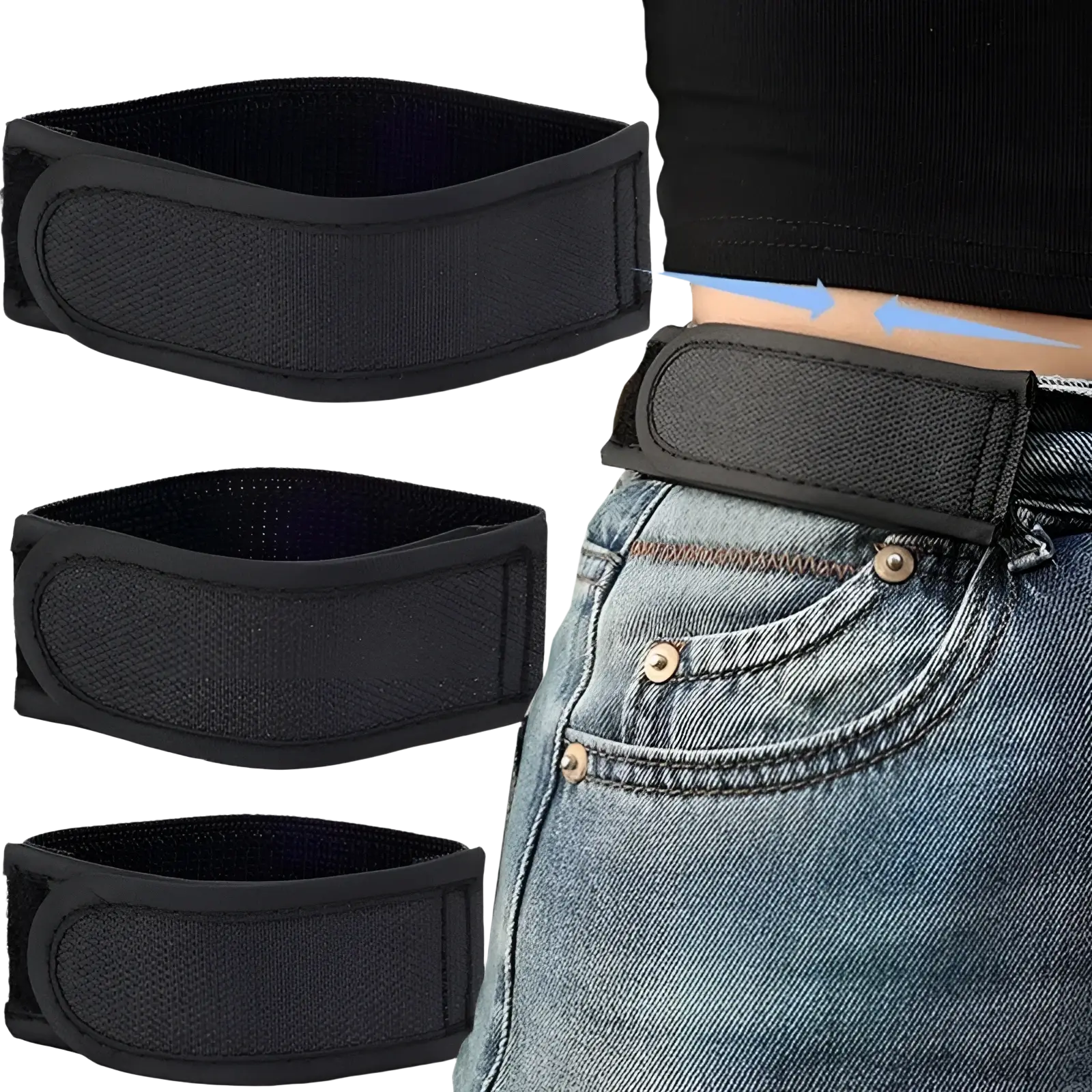Men elastic no buckle belt in black with adjustable length, hook and loop closure, and reinforced stitching