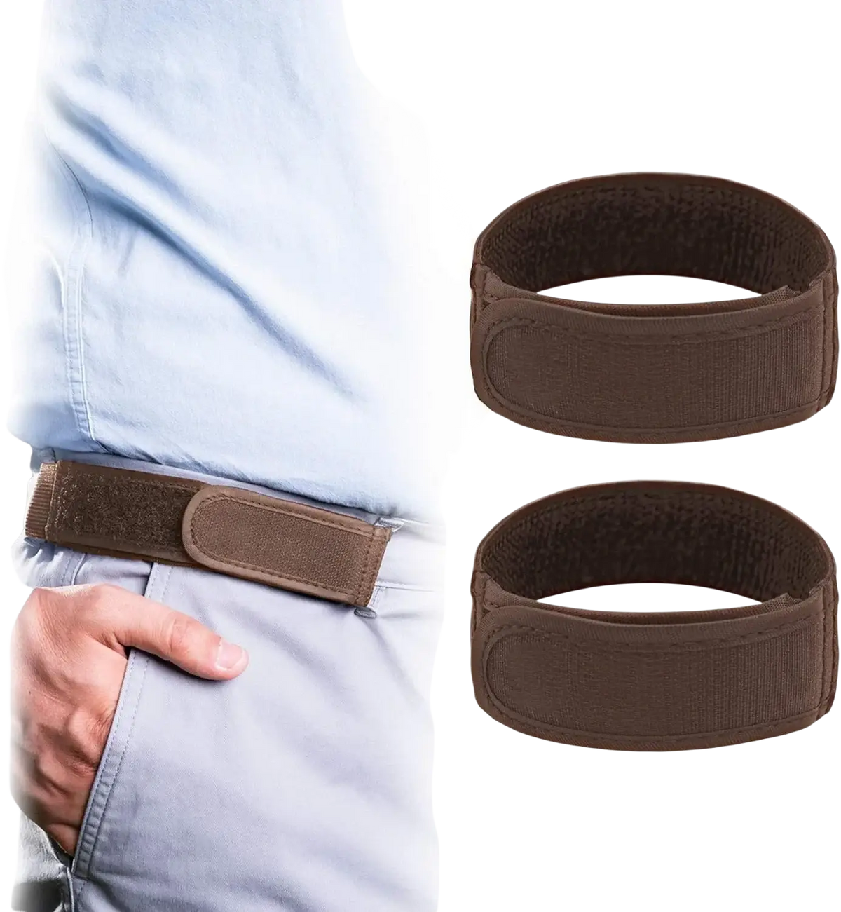 Men elastic no buckle belt brown elastic waist support with soft textured interior and adjustable velcro closure