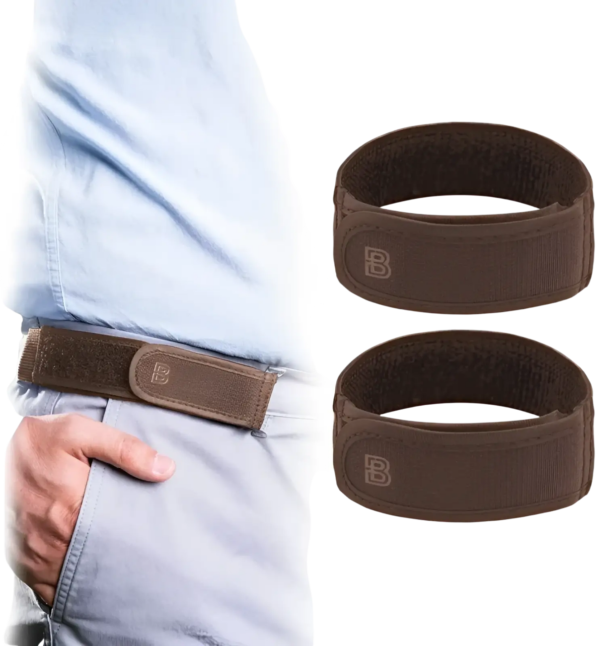 Men elastic no buckle belt in brown with matte finish and subtle b logo on elastic adjustable waistband